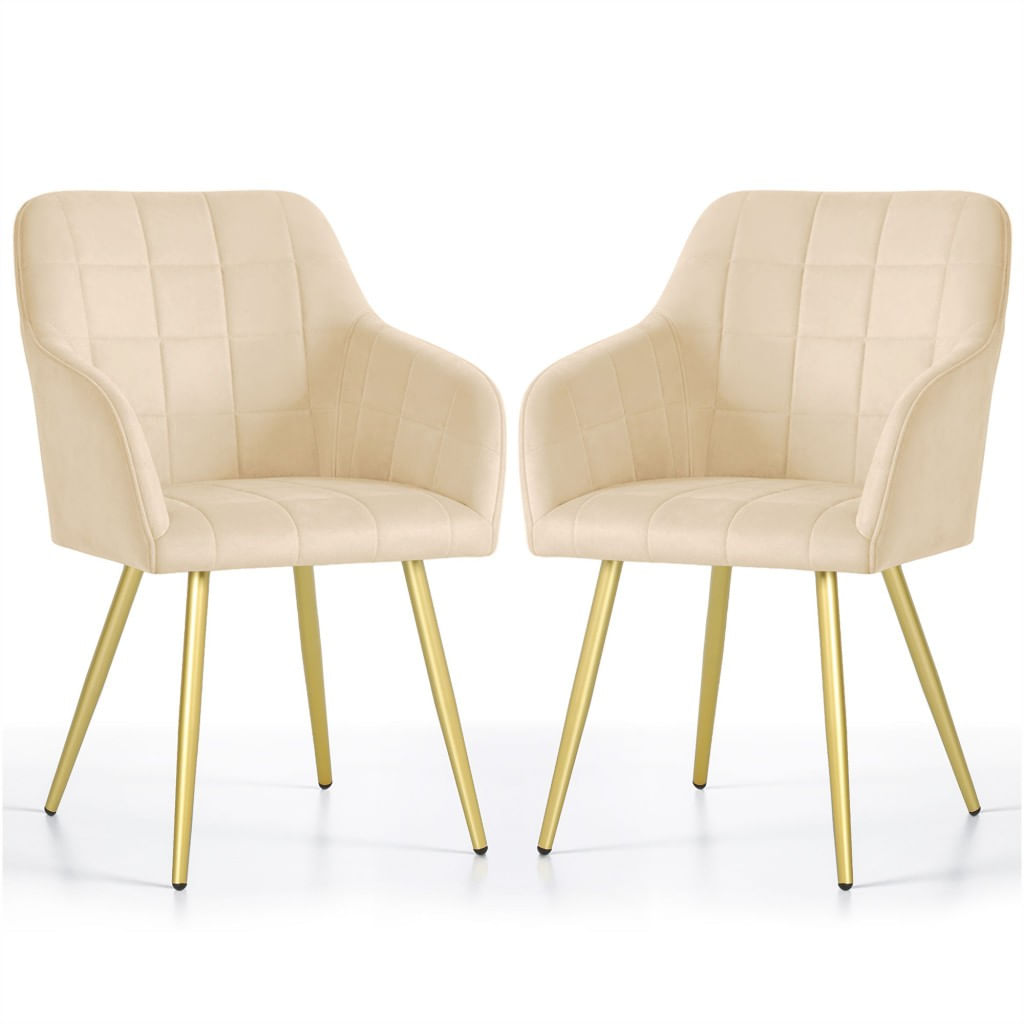Set 2 scaune dining tapitate cu velur Luxano, cusaturi patrate, picioare aurii, 54x58x82 cm, bej — imaginea 3