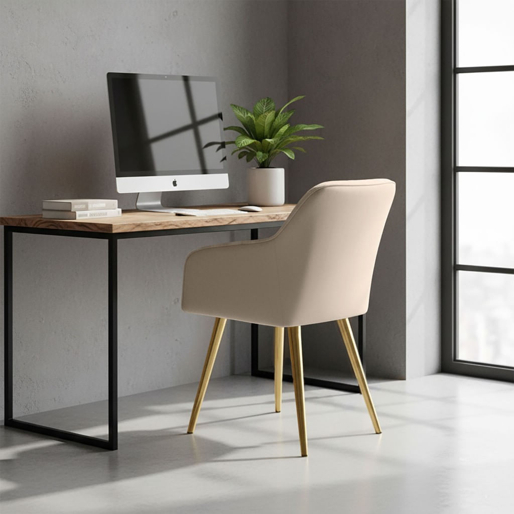 Set 2 scaune dining tapitate cu velur Luxano, cusaturi patrate, picioare aurii, 54x58x82 cm, bej — imaginea 4
