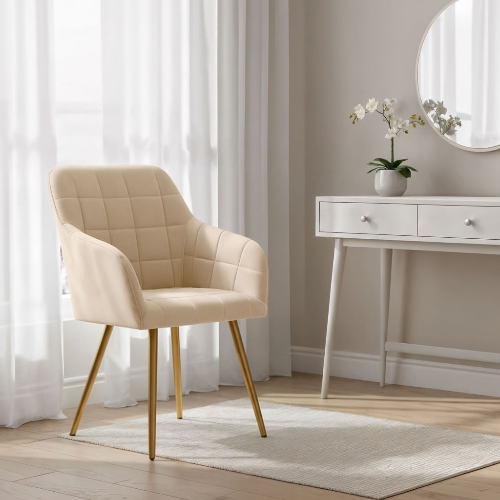 Set 2 scaune dining tapitate cu velur Luxano, cusaturi patrate, picioare aurii, 54x58x82 cm, bej — imaginea 5