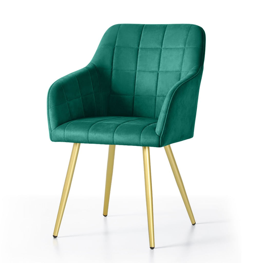 Set 2 scaune dining tapitate cu velur Luxano, cusaturi patrate, picioare aurii, 54x58x82 cm, verde — imaginea 2