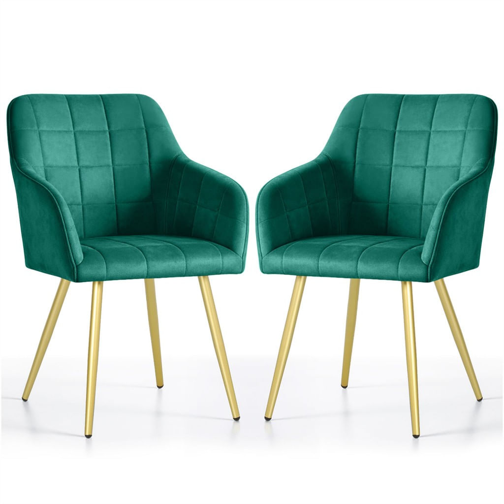 Set 2 scaune dining tapitate cu velur Luxano, cusaturi patrate, picioare aurii, 54x58x82 cm, verde — imaginea 3