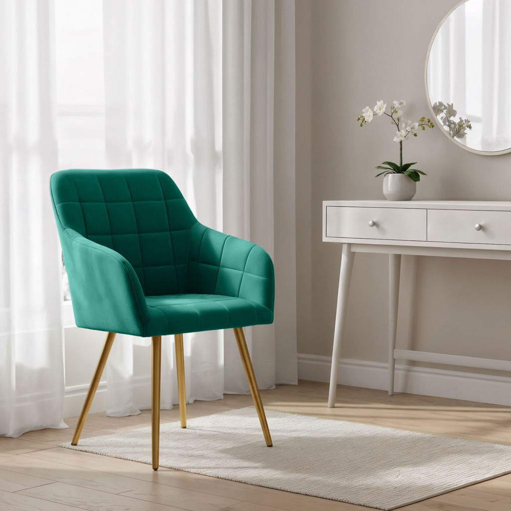 Set 2 scaune dining tapitate cu velur Luxano, cusaturi patrate, picioare aurii, 54x58x82 cm, verde — imaginea 7