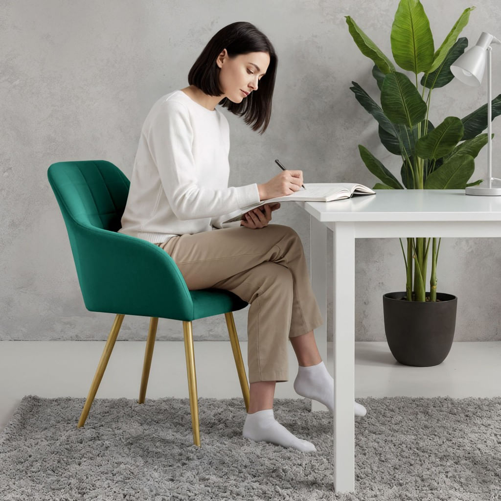 Set 2 scaune dining tapitate cu velur Luxano, cusaturi patrate, picioare aurii, 54x58x82 cm, verde — imaginea 8
