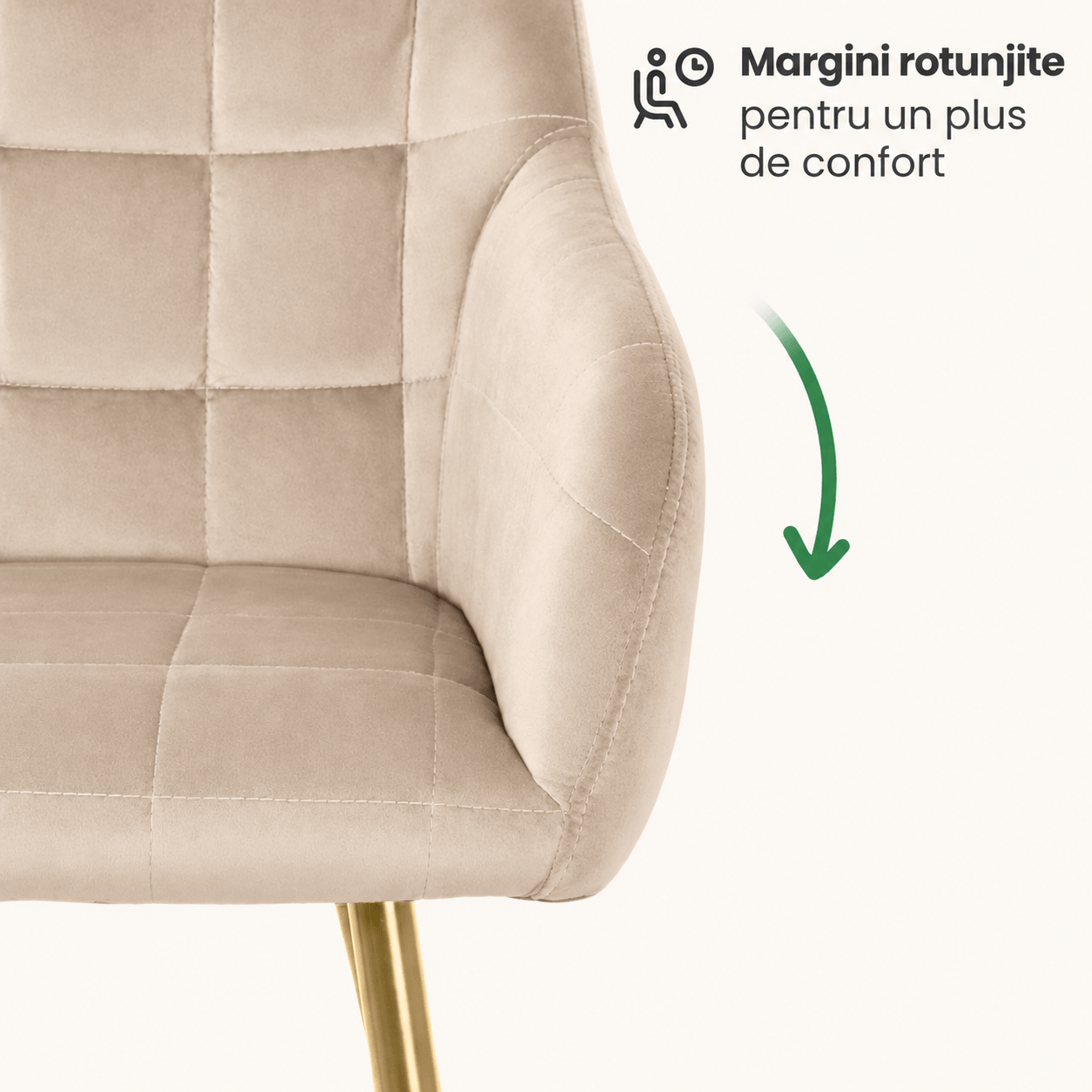 Set 2 scaune dining tapitate cu velur Luxano, cusaturi patrate, picioare aurii, 54x58x82 cm, bej — imaginea 9