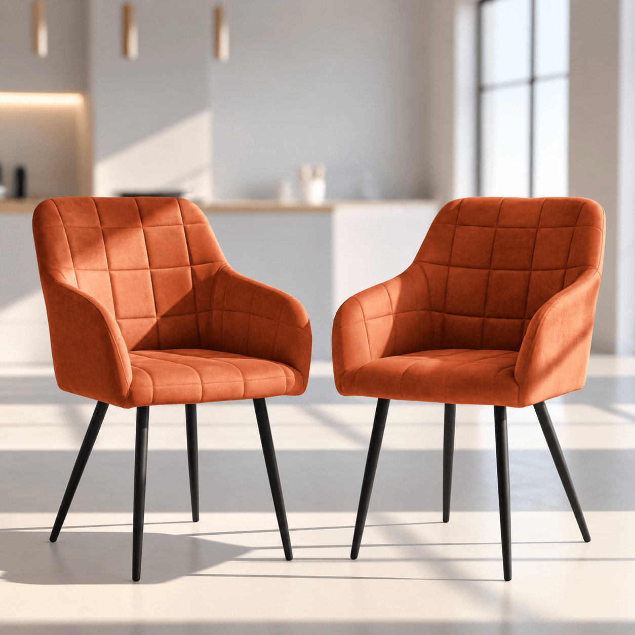 Set 2 scaune dining tapitate cu velur Luxano, cusaturi patrate, 54x58x82 cm, aramiu — imaginea 9