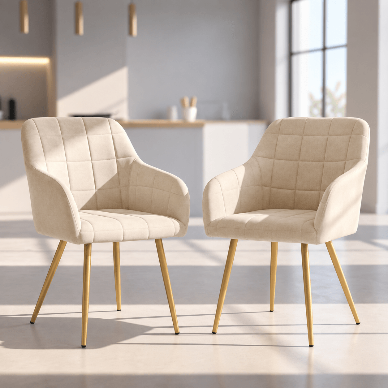 Set 2 scaune dining tapitate cu velur Luxano, cusaturi patrate, picioare aurii, 54x58x82 cm, bej — imaginea 10