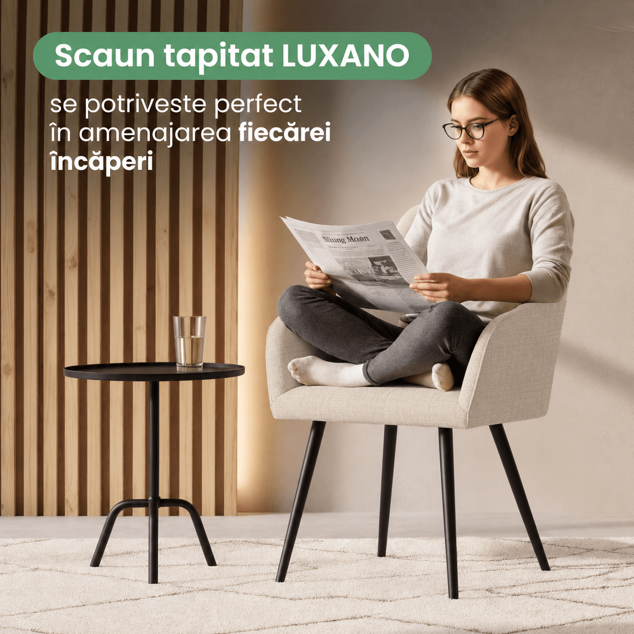 Set 2 scaune dining tapitate cu velur Luxano, cusaturi patrate, 54x58x82 cm, bej — imaginea 9