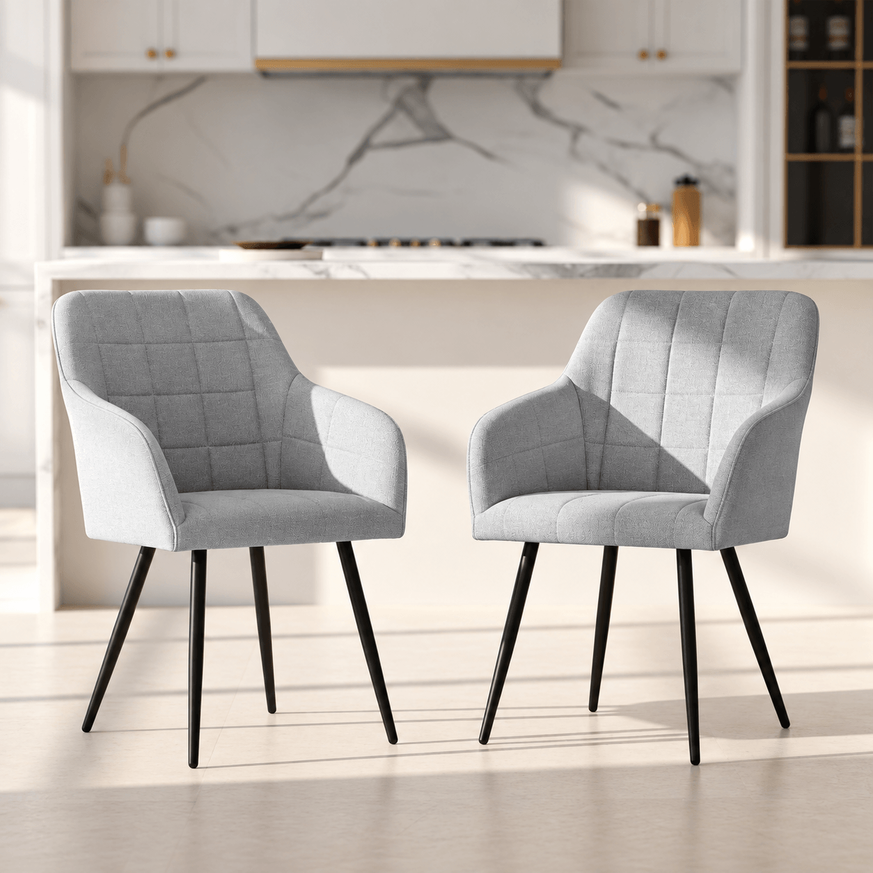 Set 2 scaune dining tapitate cu velur Luxano, cusaturi patrate, 54x58x82 cm, gri deschis — imaginea 9