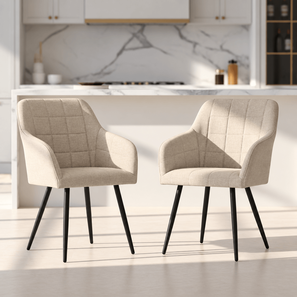 Set 2 scaune dining tapitate cu velur Luxano, cusaturi patrate, 54x58x82 cm, bej — imaginea 10