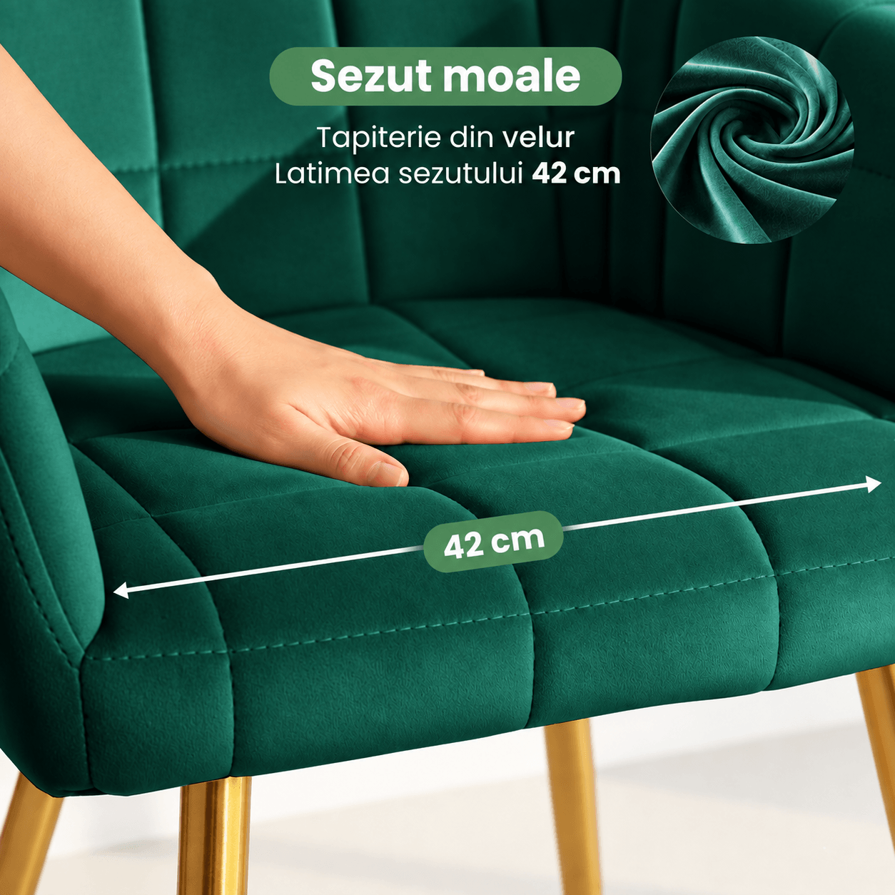 Set 2 scaune dining tapitate cu velur Luxano, cusaturi patrate, picioare aurii, 54x58x82 cm, verde — imaginea 9