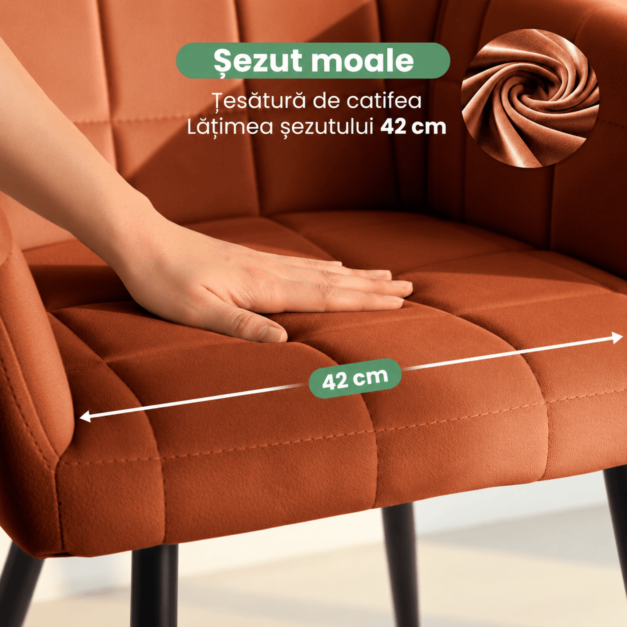 Set 2 scaune dining tapitate cu velur Luxano, cusaturi patrate, 54x58x82 cm, aramiu — imaginea 11