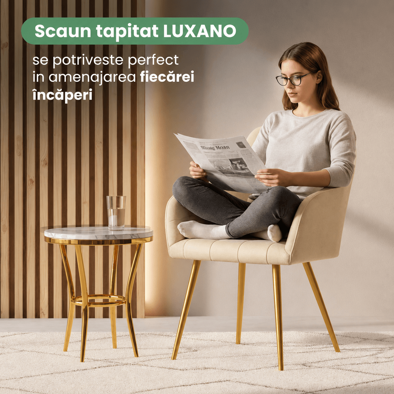Set 2 scaune dining tapitate cu velur Luxano, cusaturi patrate, picioare aurii, 54x58x82 cm, bej — imaginea 12