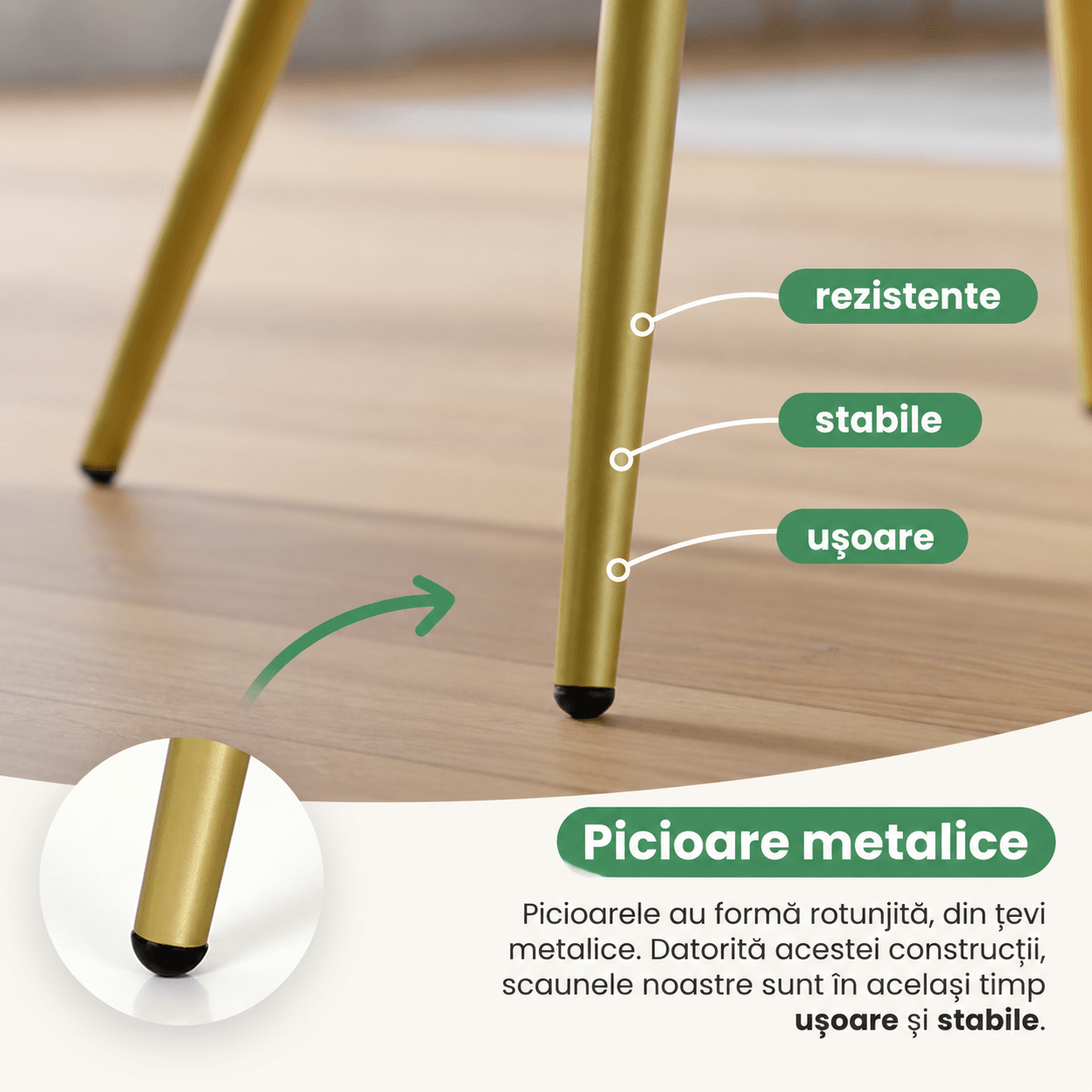Set 2 scaune dining tapitate cu velur Luxano, cusaturi patrate, picioare aurii, 54x58x82 cm, bej — imaginea 13