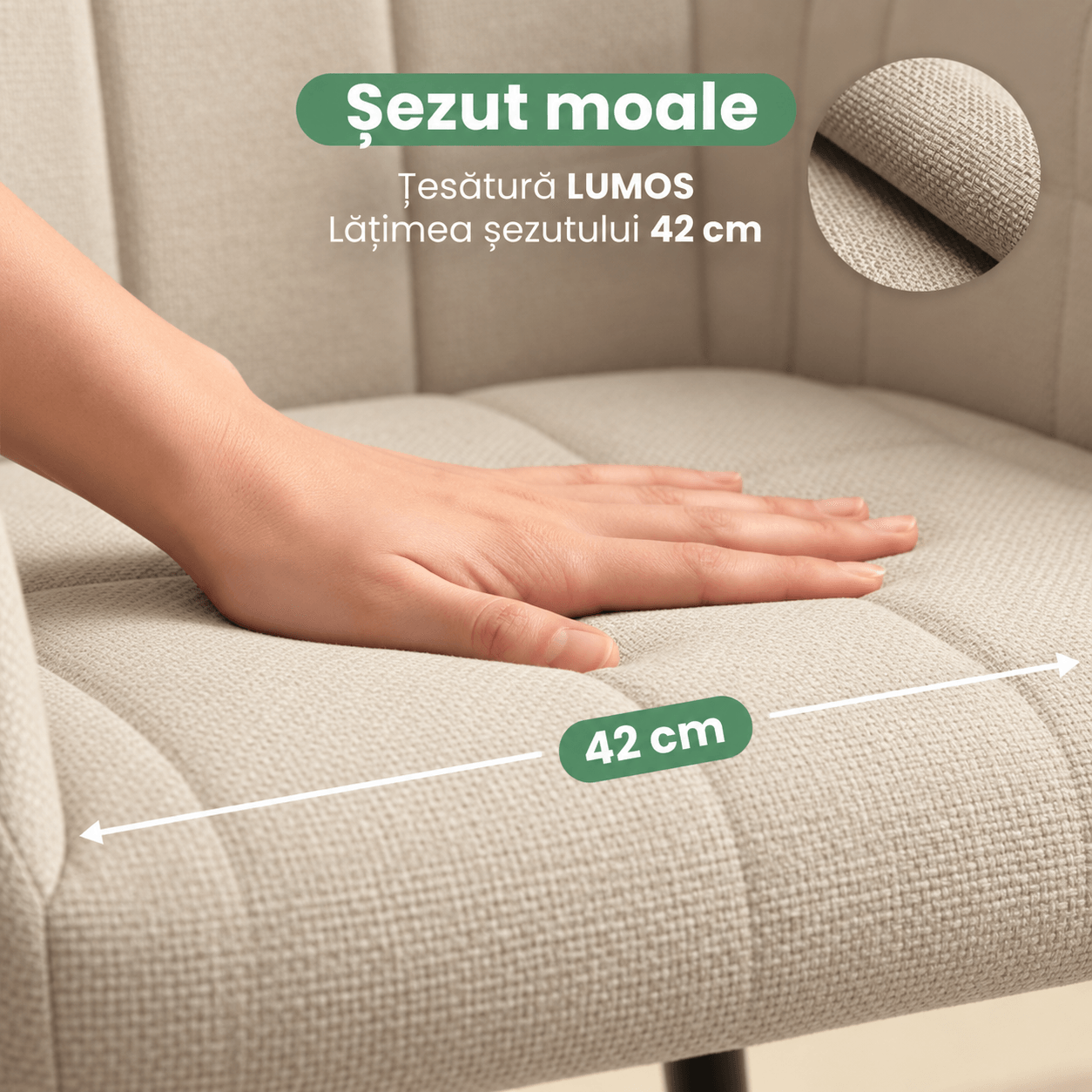 Set 2 scaune dining tapitate cu velur Luxano, cusaturi patrate, 54x58x82 cm, bej — imaginea 11