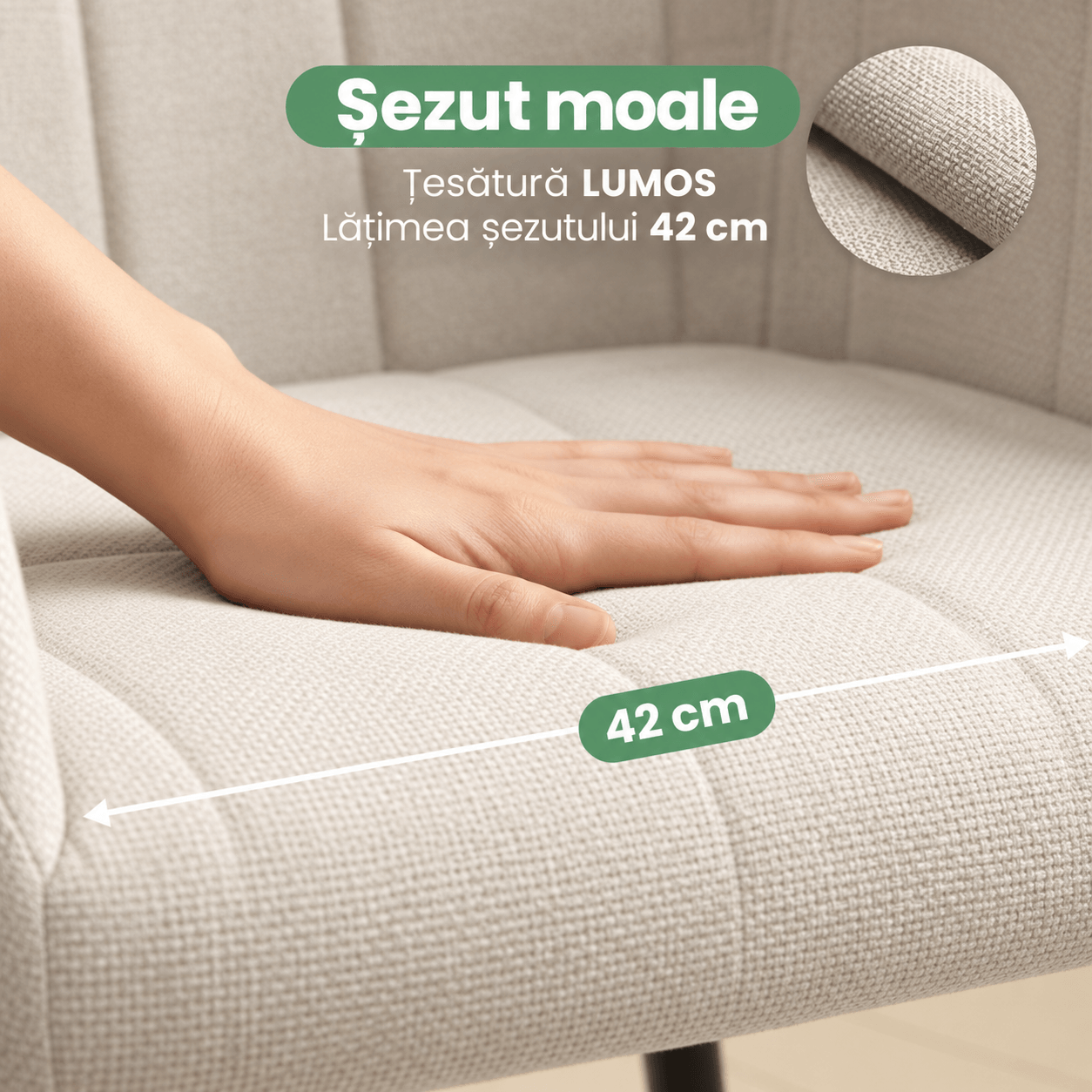Set 2 scaune dining tapitate cu velur Luxano, cusaturi patrate, 54x58x82 cm, crem — imaginea 9