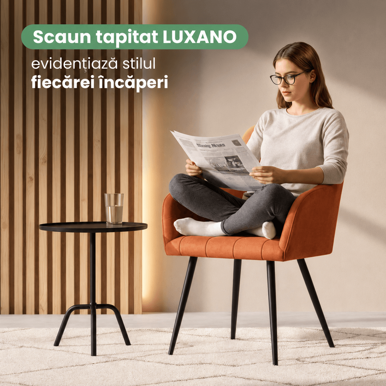 Set 2 scaune dining tapitate cu velur Luxano, cusaturi patrate, 54x58x82 cm, aramiu — imaginea 12
