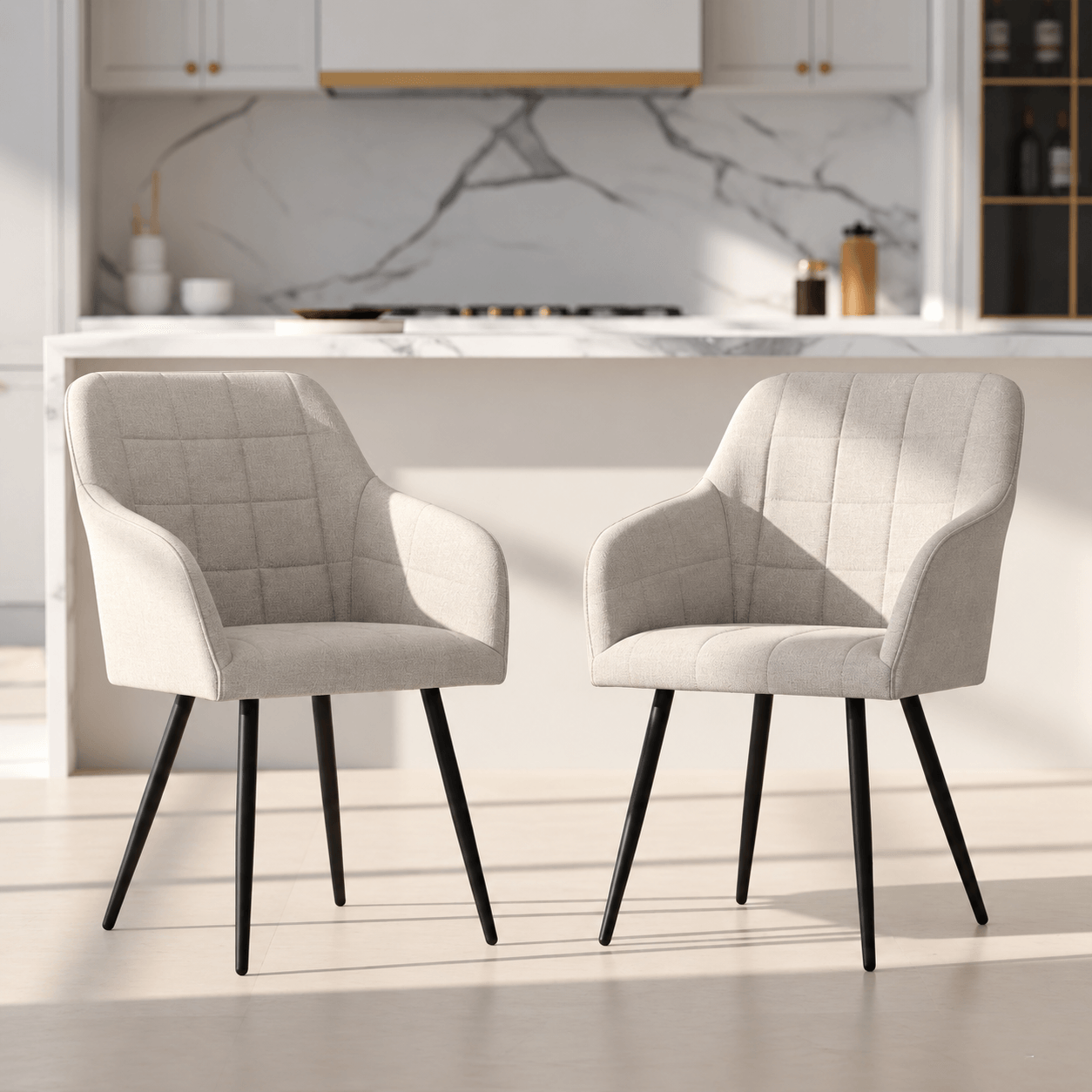 Set 2 scaune dining tapitate cu velur Luxano, cusaturi patrate, 54x58x82 cm, crem — imaginea 11