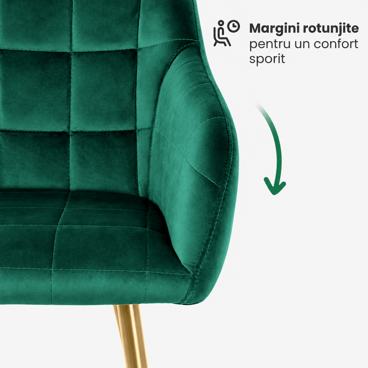 Set 2 scaune dining tapitate cu velur Luxano, cusaturi patrate, picioare aurii, 54x58x82 cm, verde — imaginea 10
