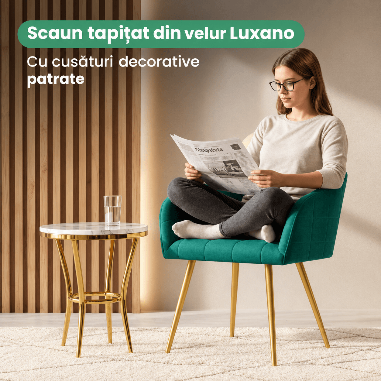 Set 2 scaune dining tapitate cu velur Luxano, cusaturi patrate, picioare aurii, 54x58x82 cm, verde — imaginea 12