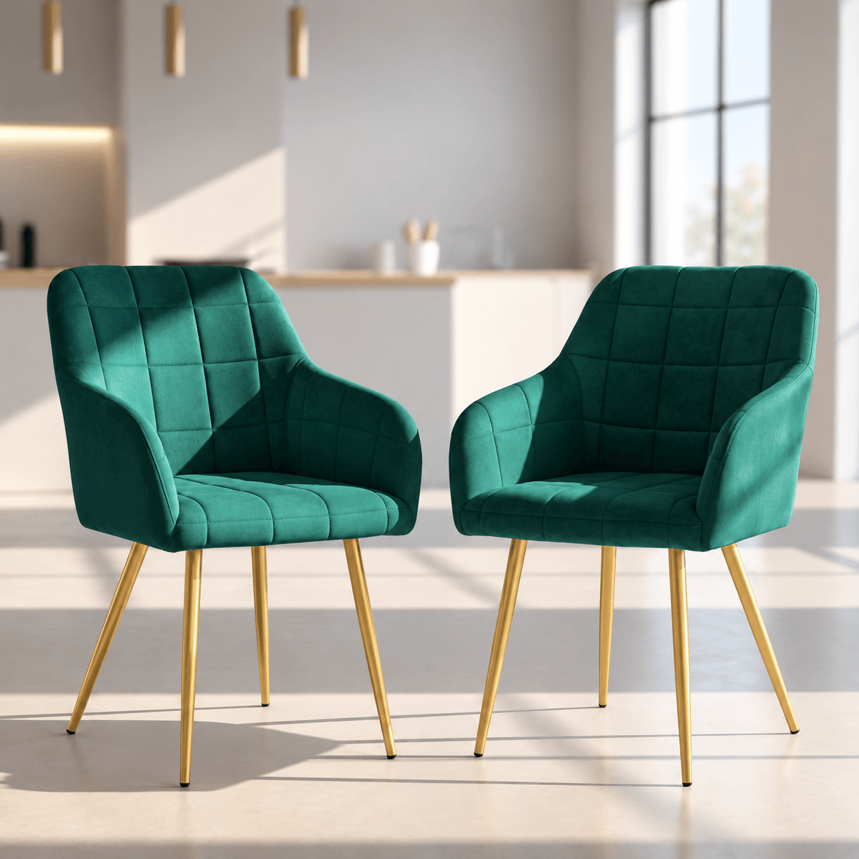 Set 2 scaune dining tapitate cu velur Luxano, cusaturi patrate, picioare aurii, 54x58x82 cm, verde — imaginea 13