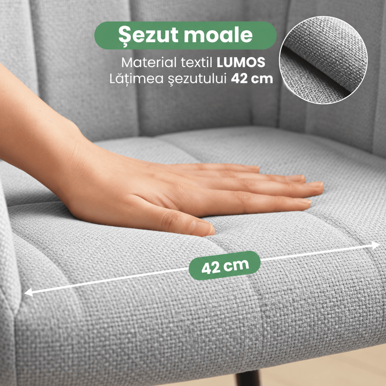 Set 2 scaune dining tapitate cu velur Luxano, cusaturi patrate, 54x58x82 cm, gri deschis — imaginea 11