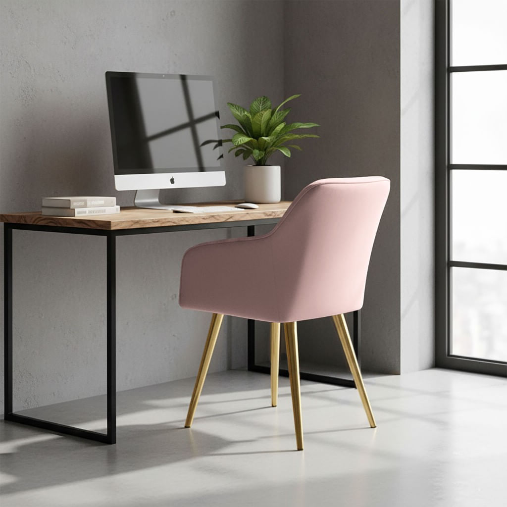 Set 2 scaune dining tapitate cu velur Luxano, cusaturi patrate, picioare aurii, 54x58x82 cm, roz — imaginea 3