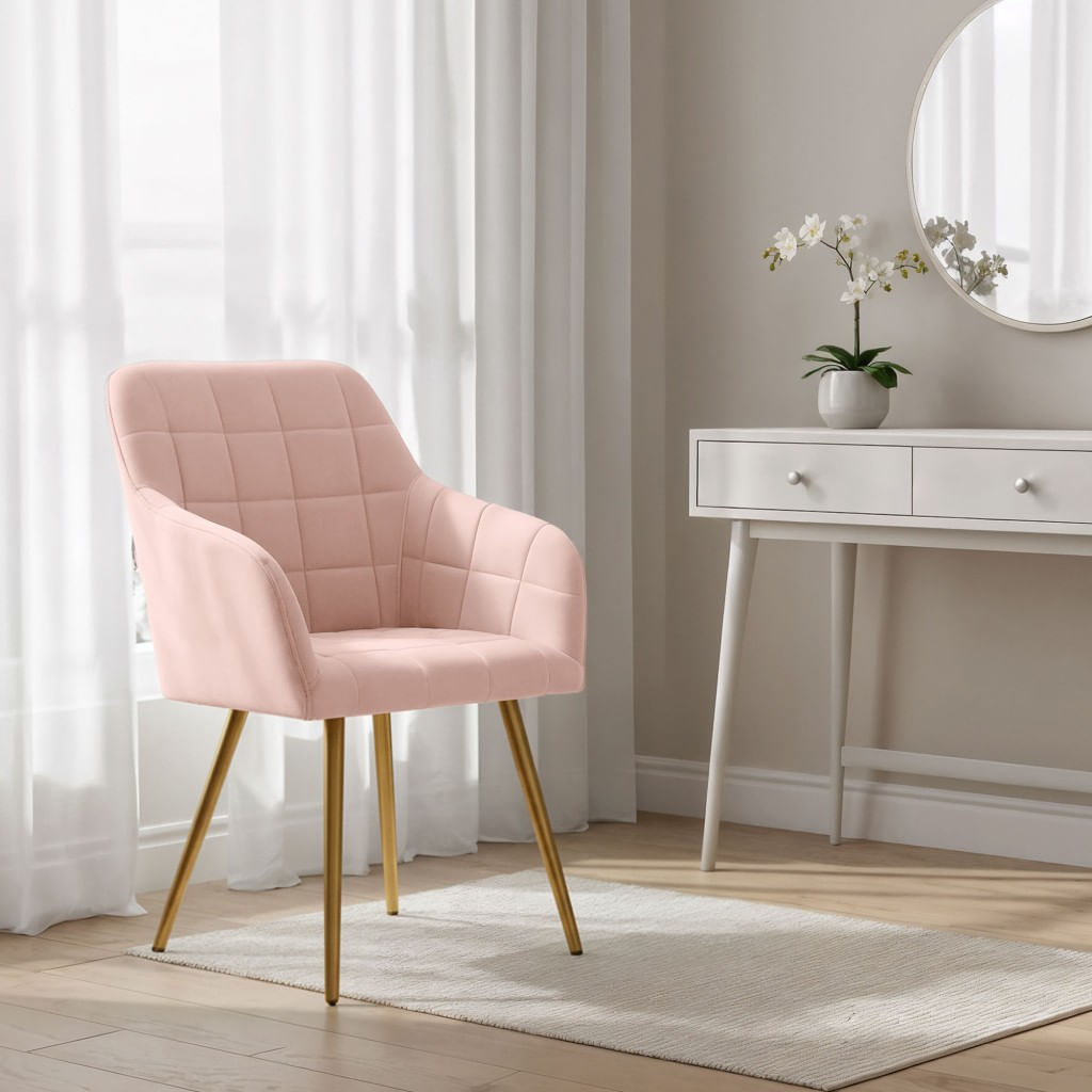 Set 2 scaune dining tapitate cu velur Luxano, cusaturi patrate, picioare aurii, 54x58x82 cm, roz — imaginea 4