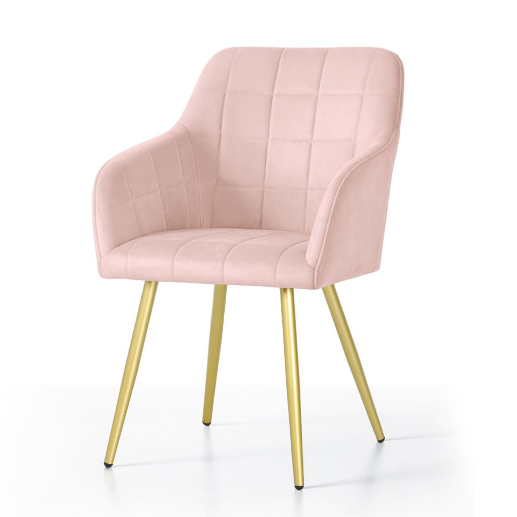 Set 2 scaune dining tapitate cu velur Luxano, cusaturi patrate, picioare aurii, 54x58x82 cm, roz — imaginea 5