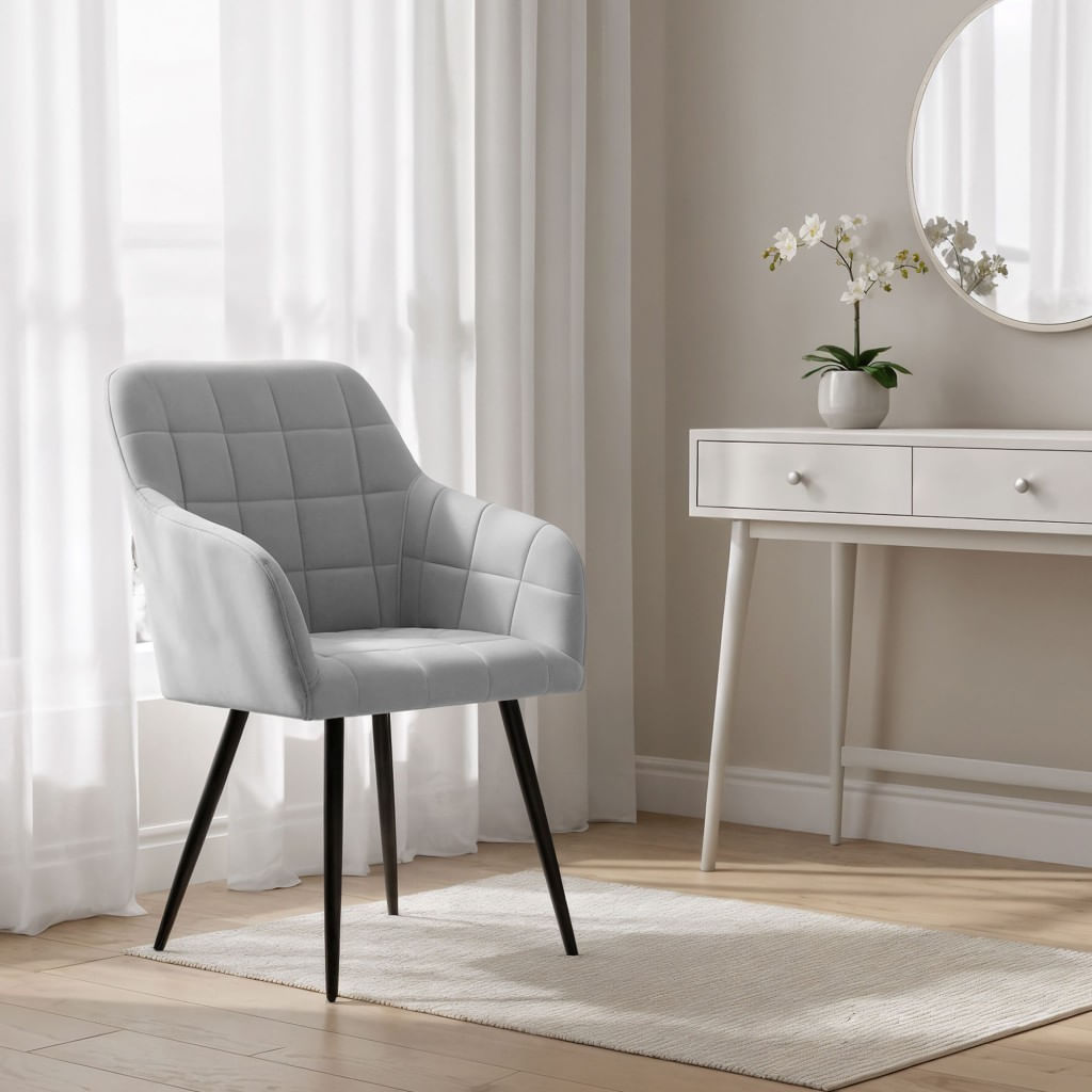 Set 2 scaune dining tapitate cu velur Luxano, cusaturi patrate, 54x58x82 cm, gri — imaginea 2