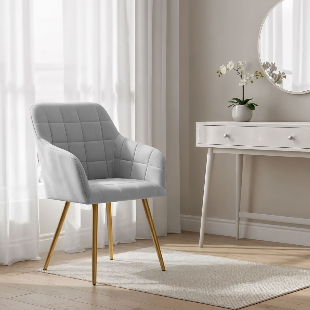 Set 2 scaune dining tapitate cu velur Luxano, cusaturi patrate, picioare aurii, 54x58x82 cm, gri — imaginea 4