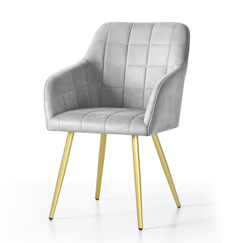 Set 2 scaune dining tapitate cu velur Luxano, cusaturi patrate, picioare aurii, 54x58x82 cm, gri — imaginea 5