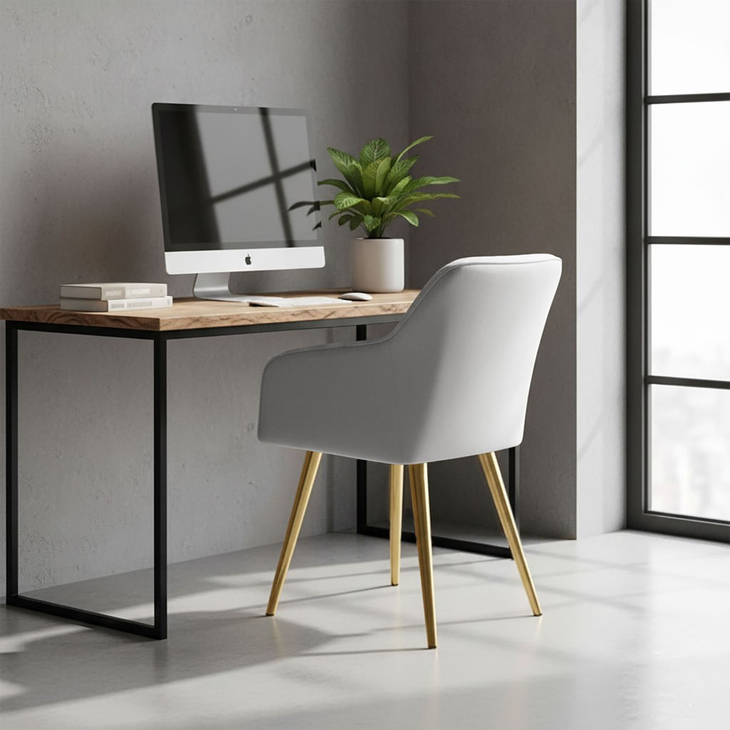 Set 2 scaune dining tapitate cu velur Luxano, cusaturi patrate, picioare aurii, 54x58x82 cm, gri — imaginea 6