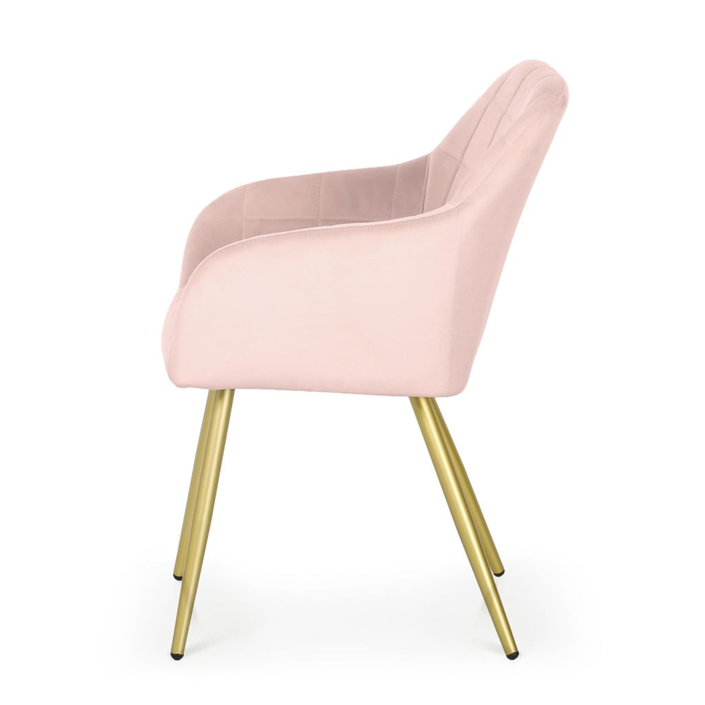 Set 2 scaune dining tapitate cu velur Luxano, cusaturi patrate, picioare aurii, 54x58x82 cm, roz — imaginea 8