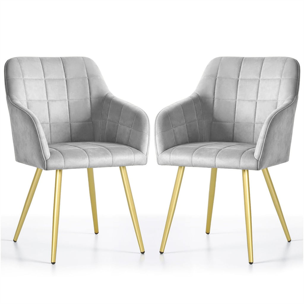 Set 2 scaune dining tapitate cu velur Luxano, cusaturi patrate, picioare aurii, 54x58x82 cm, gri — imaginea 7