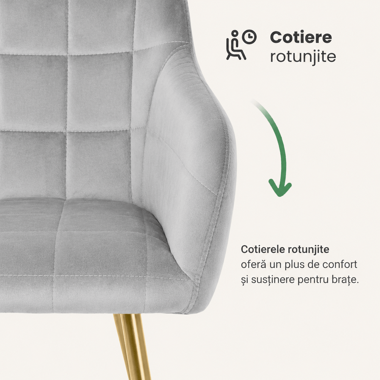 Set 2 scaune dining tapitate cu velur Luxano, cusaturi patrate, picioare aurii, 54x58x82 cm, gri — imaginea 9
