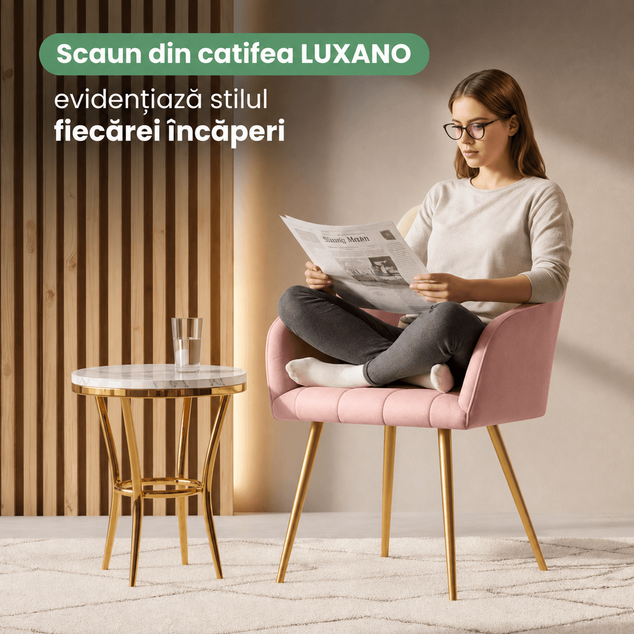 Set 2 scaune dining tapitate cu velur Luxano, cusaturi patrate, picioare aurii, 54x58x82 cm, roz — imaginea 10