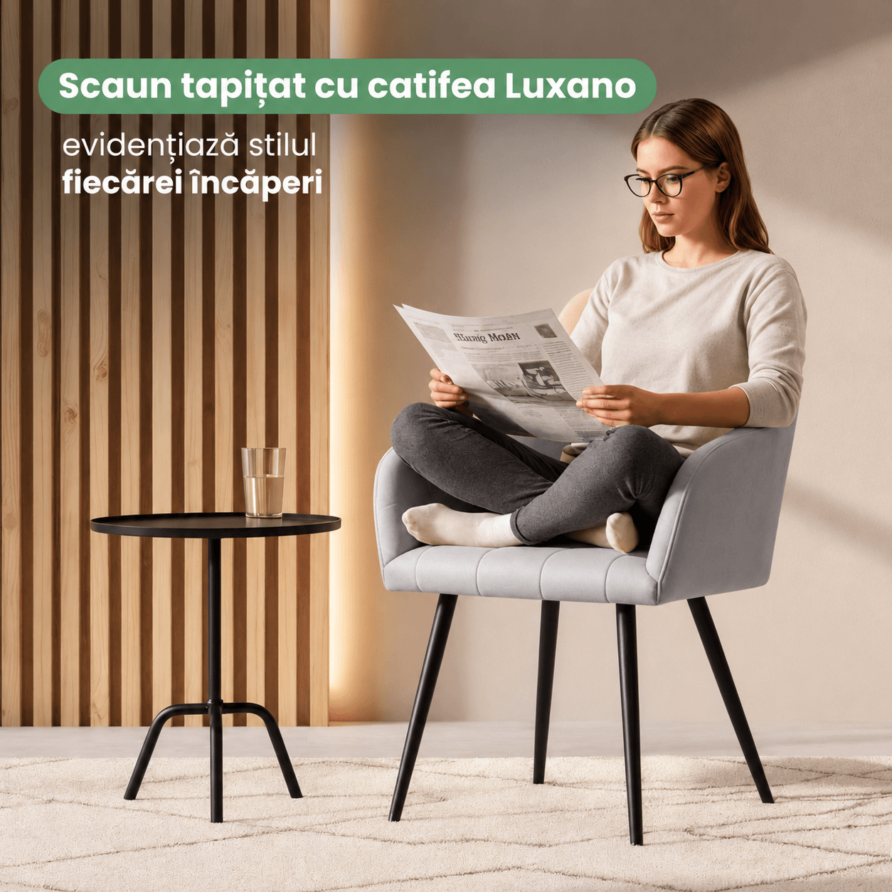 Set 2 scaune dining tapitate cu velur Luxano, cusaturi patrate, 54x58x82 cm, gri — imaginea 8