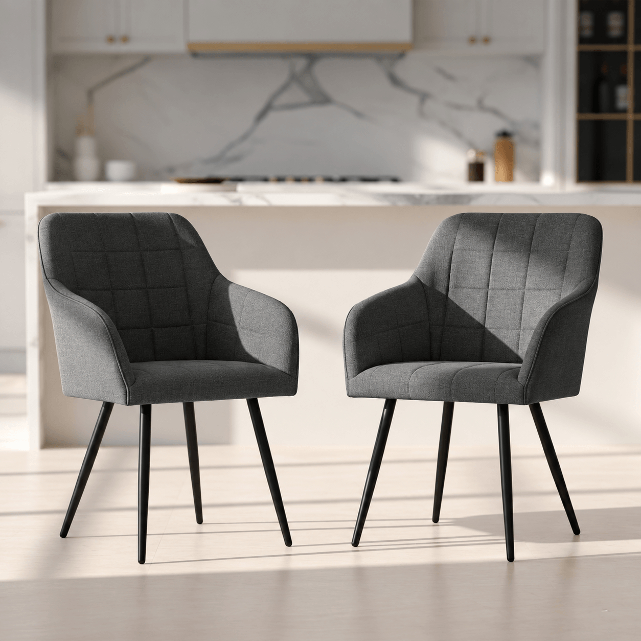 Set 2 scaune dining tapitate cu velur Luxano, cusaturi patrate, 54x58x82 cm, gri inchis — imaginea 8