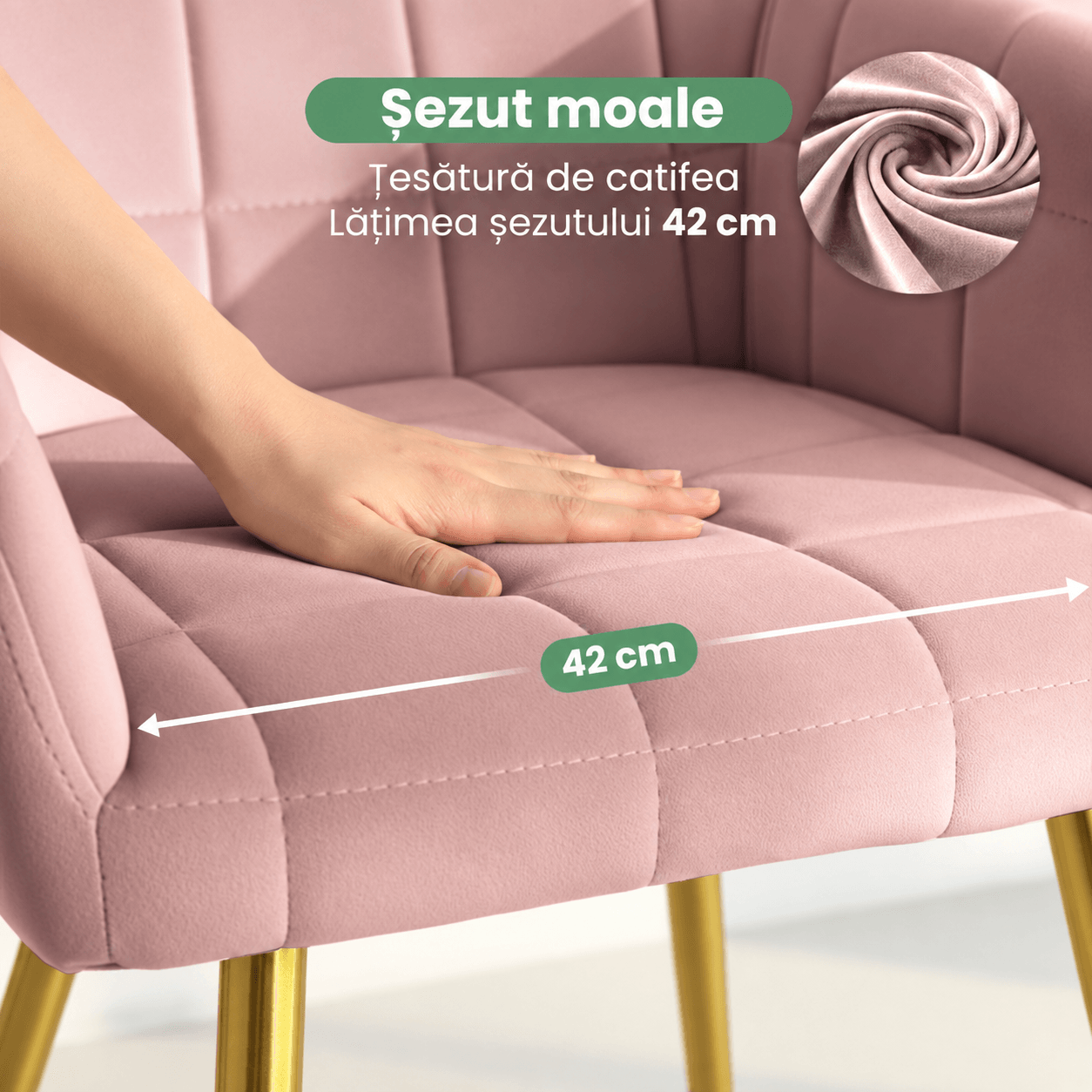 Set 2 scaune dining tapitate cu velur Luxano, cusaturi patrate, picioare aurii, 54x58x82 cm, roz — imaginea 12