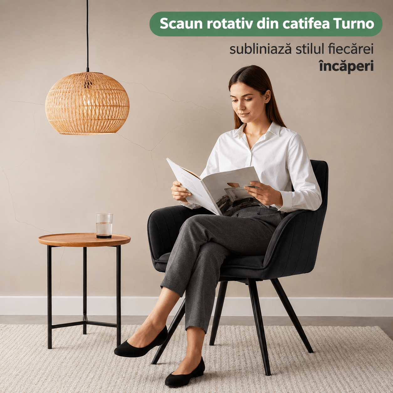 Set 2 scaune dining rotative tapitate din catifea Turno, 55x58x83 cm, maxim 120 kg, negru — imaginea 11