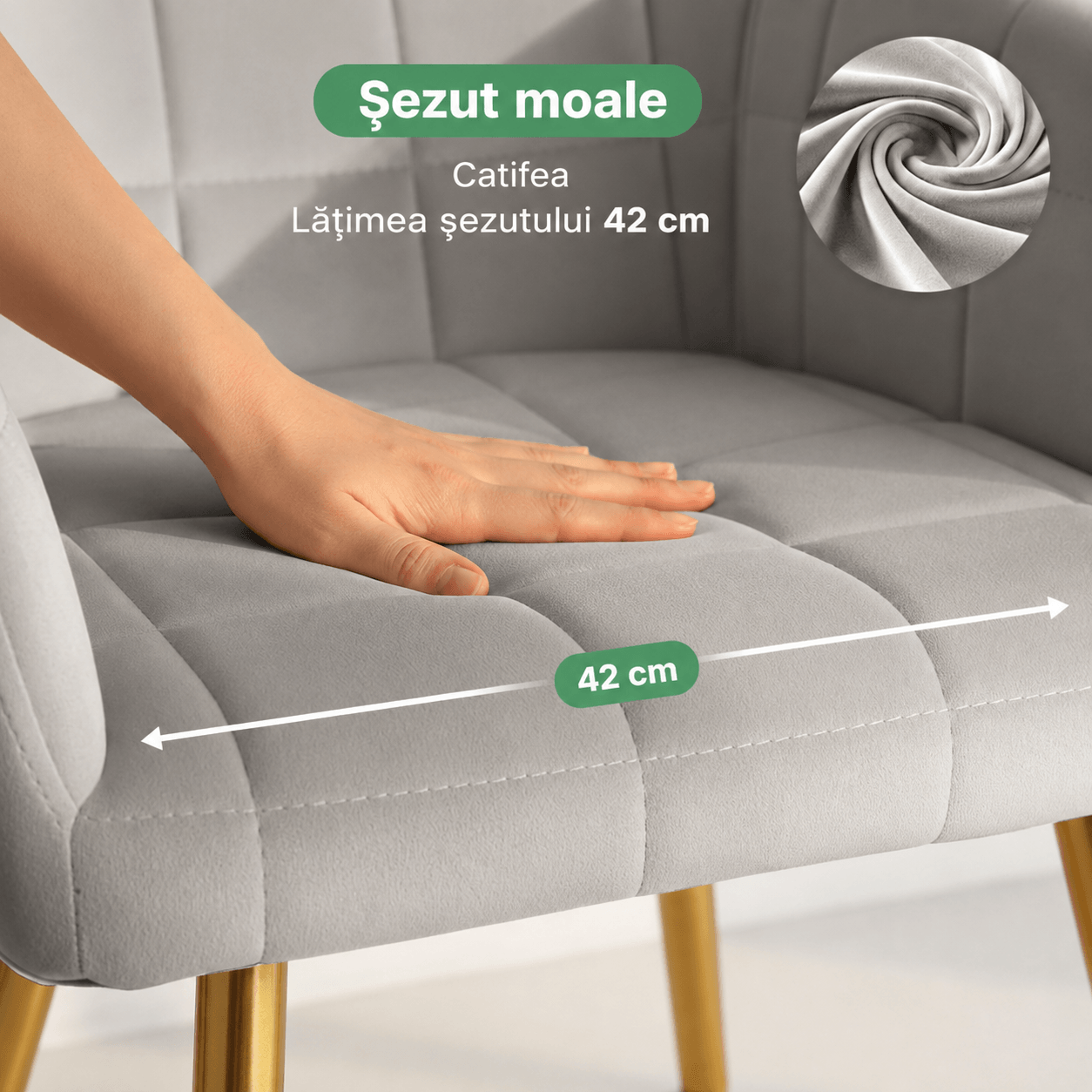 Set 2 scaune dining tapitate cu velur Luxano, cusaturi patrate, picioare aurii, 54x58x82 cm, gri — imaginea 10