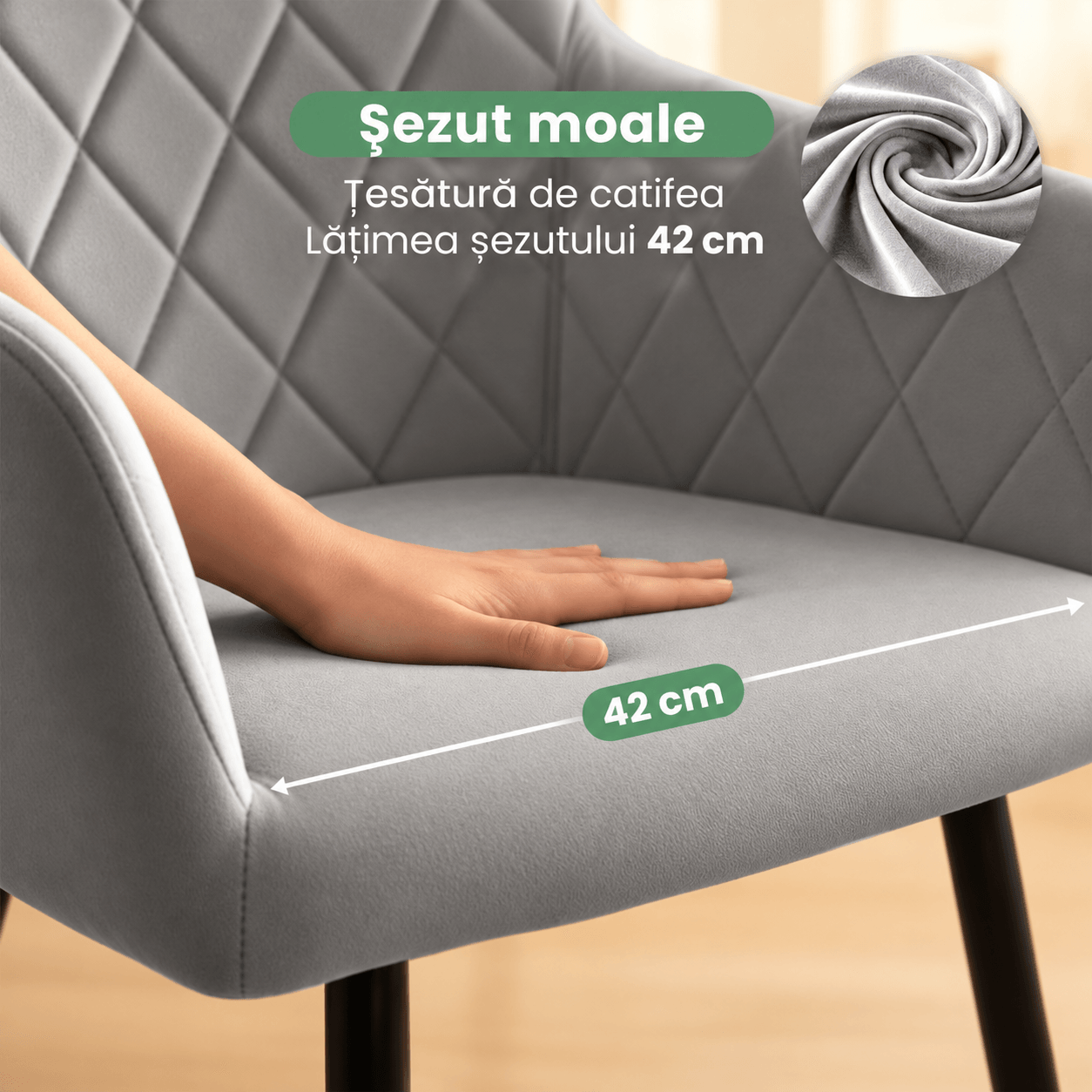 Set 2 scaune dining tapitate Velto, catifea, matlasate cu romburi, 52x58x82 cm, maxim 120 kg, gri — imaginea 9