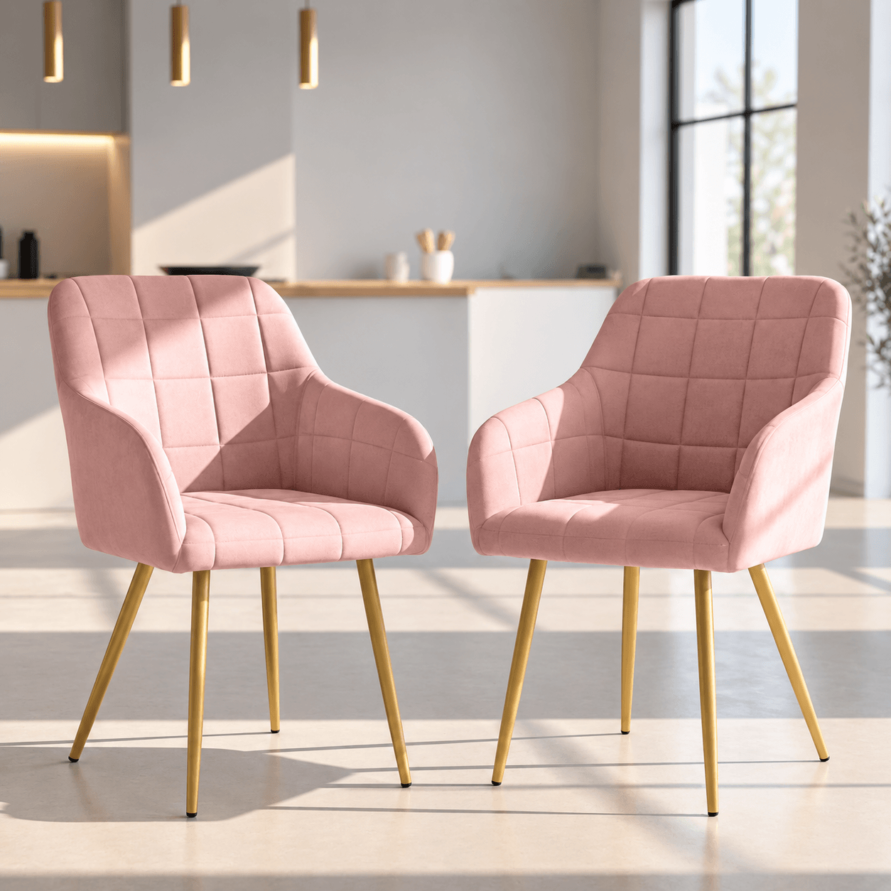 Set 2 scaune dining tapitate cu velur Luxano, cusaturi patrate, picioare aurii, 54x58x82 cm, roz — imaginea 13