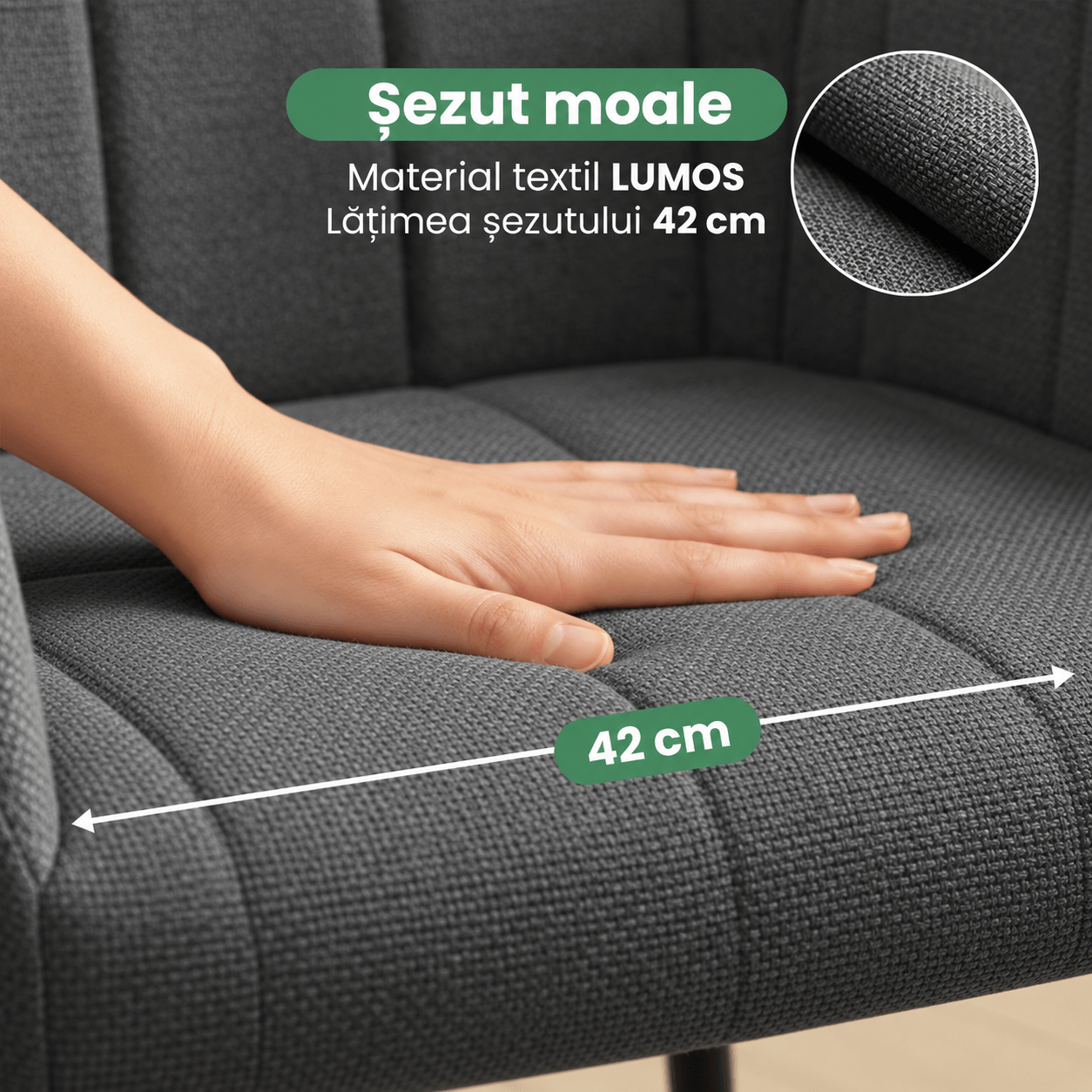 Set 2 scaune dining tapitate cu velur Luxano, cusaturi patrate, 54x58x82 cm, gri inchis — imaginea 9