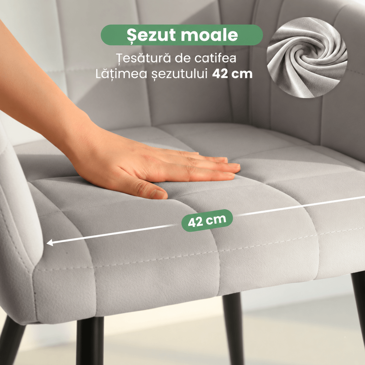 Set 2 scaune dining tapitate cu velur Luxano, cusaturi patrate, 54x58x82 cm, gri — imaginea 9