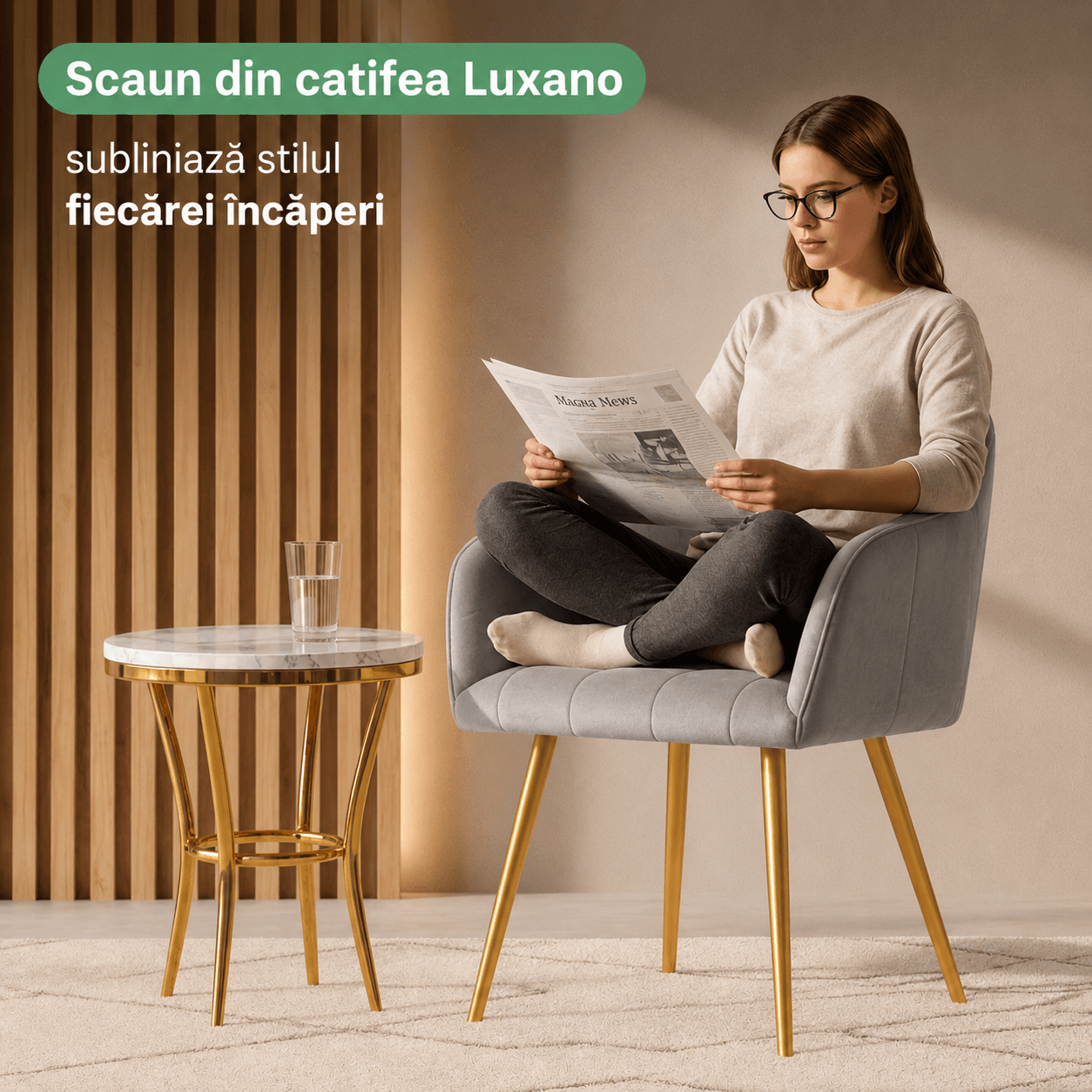 Set 2 scaune dining tapitate cu velur Luxano, cusaturi patrate, picioare aurii, 54x58x82 cm, gri — imaginea 12