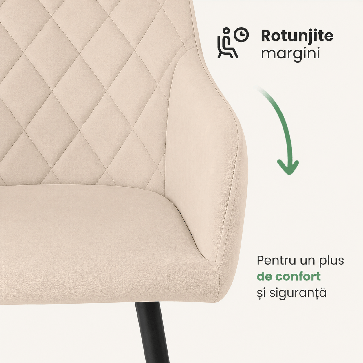 Set 2 scaune dining tapitate Velto, catifea, matlasate cu romburi, 52x58x82 cm, maxim 120 kg, bej — imaginea 5