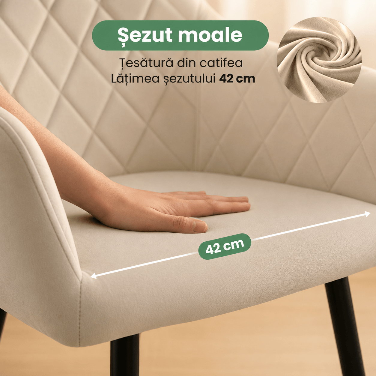 Set 2 scaune dining tapitate Velto, catifea, matlasate cu romburi, 52x58x82 cm, maxim 120 kg, bej — imaginea 7