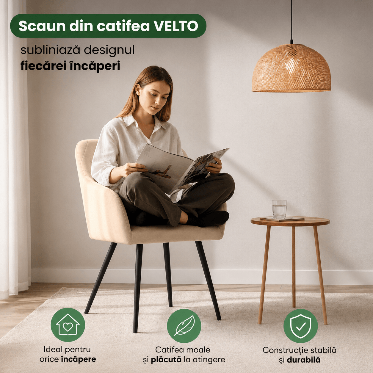 Set 2 scaune dining tapitate Velto, catifea, matlasate cu romburi, 52x58x82 cm, maxim 120 kg, bej — imaginea 8