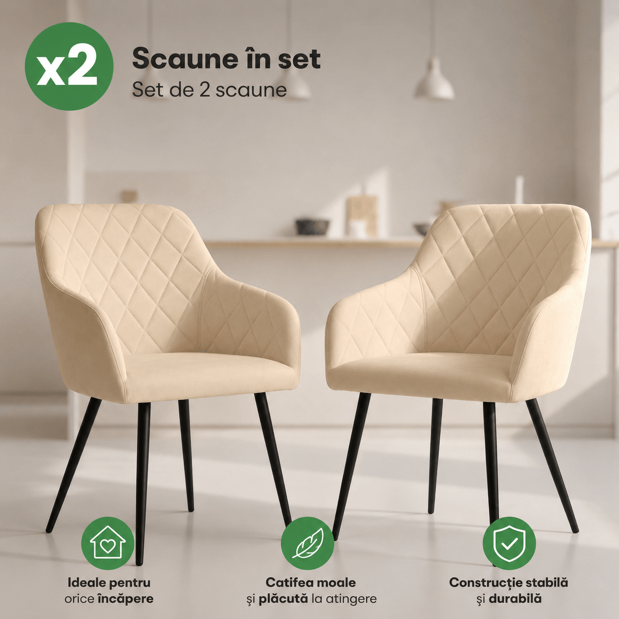 Set 2 scaune dining tapitate Velto, catifea, matlasate cu romburi, 52x58x82 cm, maxim 120 kg, bej — imaginea 9